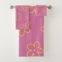 Conjunto De Toalhas Padrão Flor Simples Amarelo Roxo Retro