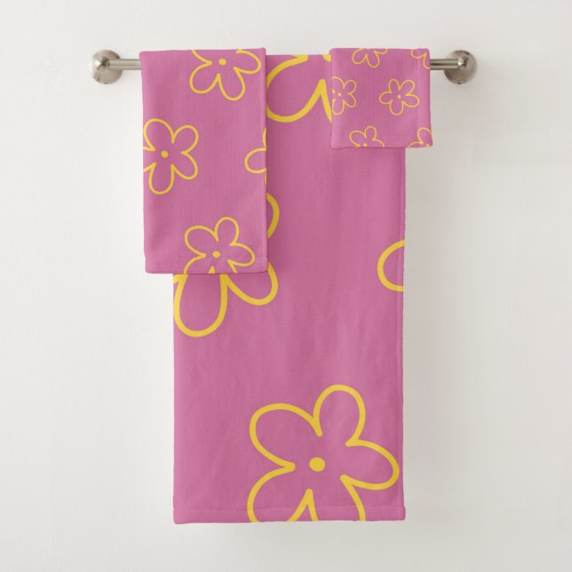 Conjunto De Toalhas Padrão Flor Simples Amarelo Roxo Retro (Insitu)