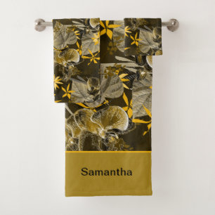 Conjunto De Toalhas Padrão floral amarelo-acastanhado de aquarelas.