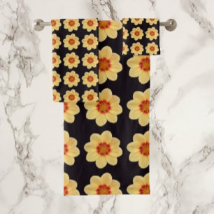 Conjunto De Toalhas Padrão Floral Amarelo Dahlia em Preto