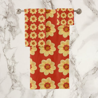 Conjunto De Toalhas Padrão Floral Amarelo Dahlia em Vermelho