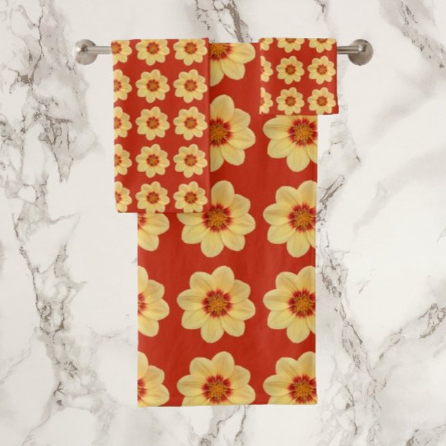 Conjunto De Toalhas Padrão Floral Amarelo Dahlia em Vermelho (In Situ)