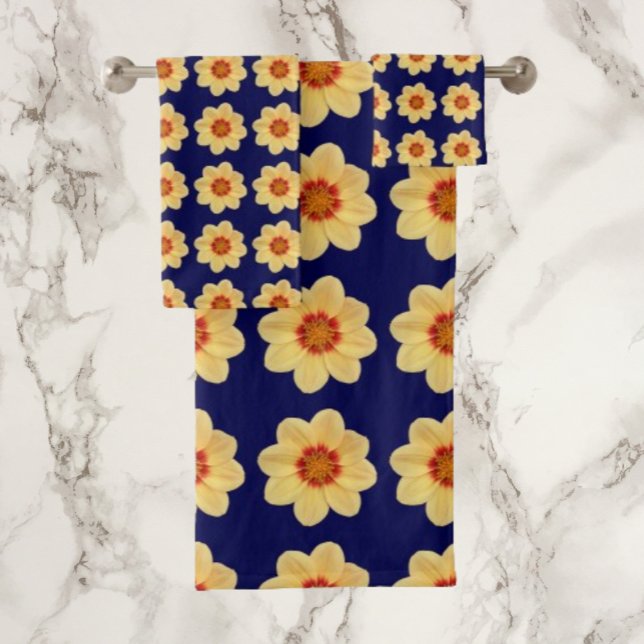 Conjunto De Toalhas Padrão Floral Amarelo Dahlia no Azul (In Situ)