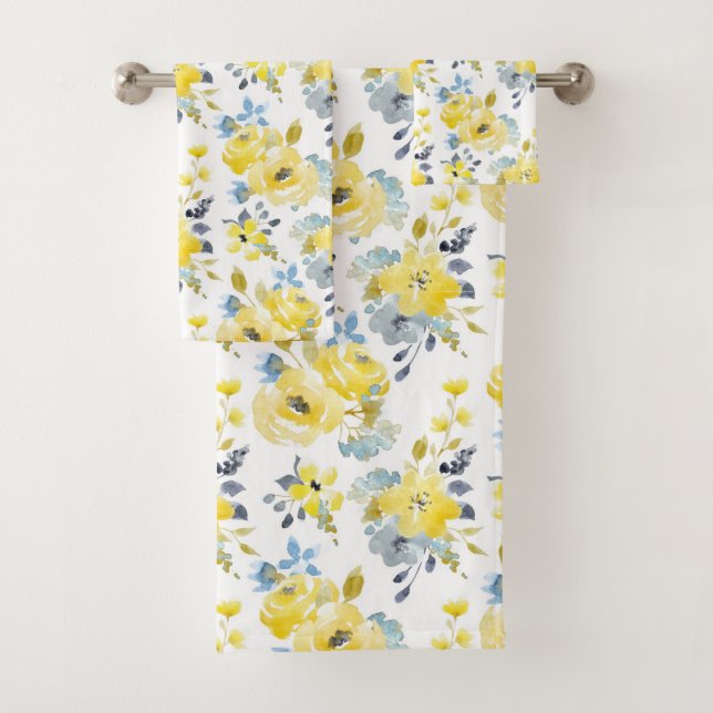 Conjunto De Toalhas Padrão Floral Amarelo de Aquarela (Insitu)