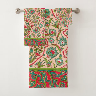 Conjunto De Toalhas Padrão Floral Árabe Vermelho e Verde Vintage