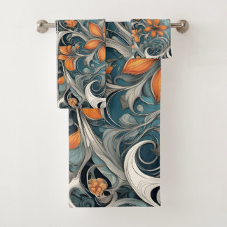 Conjunto De Toalhas padrão floral Art Nouveau azul-turquesa laranja