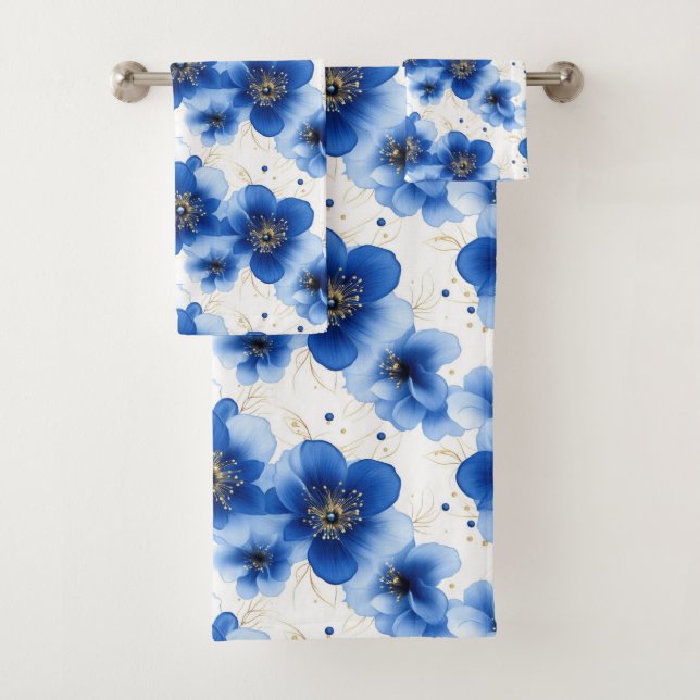 Conjunto De Toalhas Padrão Floral Azul com Acentos Dourados (Insitu)