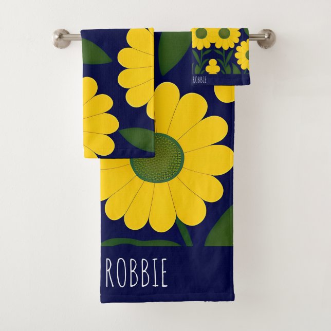 Conjunto De Toalhas Padrão Floral Azul de Fundo do Daisies Amarelo (Insitu)