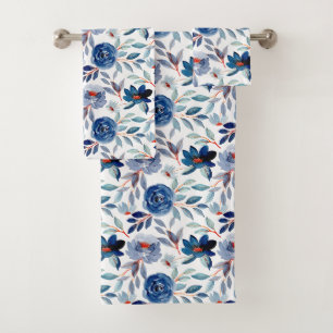 Conjunto De Toalhas Padrão Floral Azul Dusty Marinho Vintage