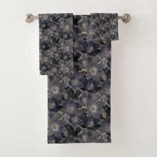 Conjunto De Toalhas Padrão Floral Azul e Cinza Elegante