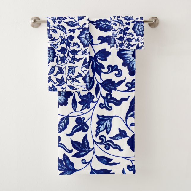 Conjunto De Toalhas Padrão floral azul-marinho chinês em branco (Insitu)