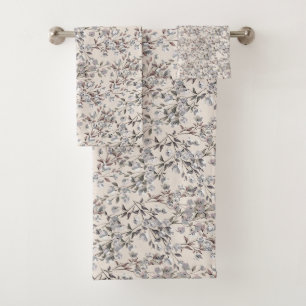 Conjunto De Toalhas Padrão Floral Beige Linen & Cinza Dainty