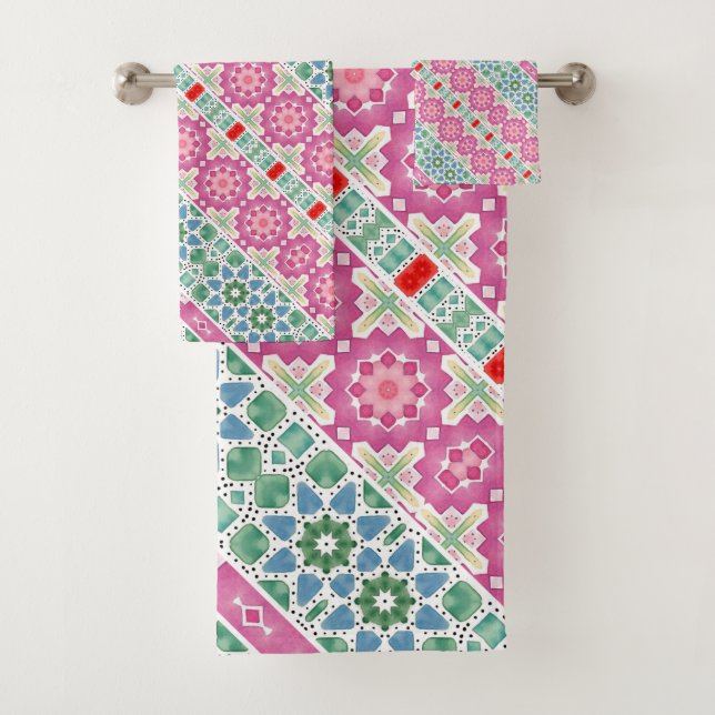 Conjunto De Toalhas Padrão floral boêmico design de mosaico de aquarel (Insitu)