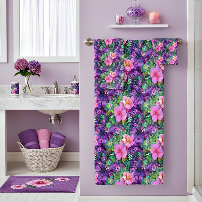 Conjunto De Toalhas Padrão floral botânico roxo e rosa (Criador carregado)