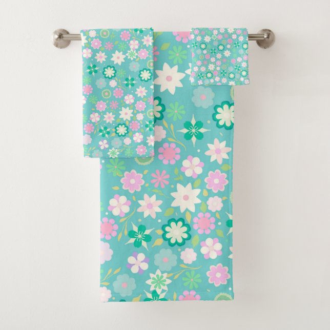 Conjunto De Toalhas Padrão Floral Brilhante, Rosa-Rosa, Teal Branco Di (Insitu)