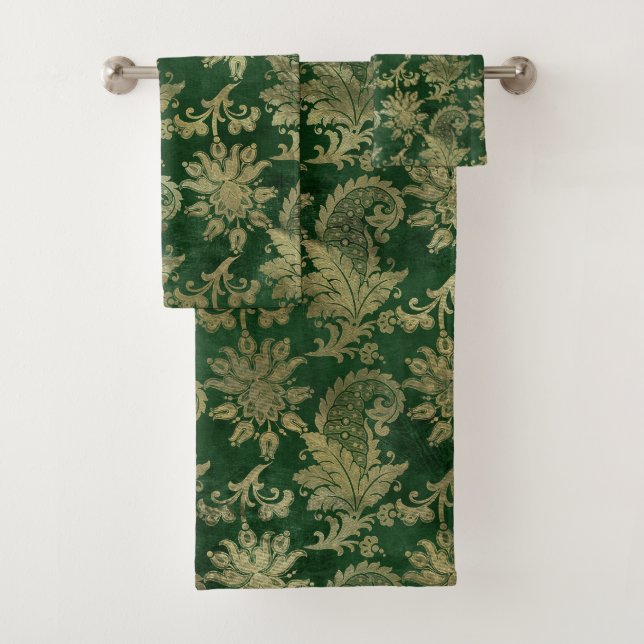 Conjunto De Toalhas Padrão Floral Celtic Green Dourado Paisley (Insitu)