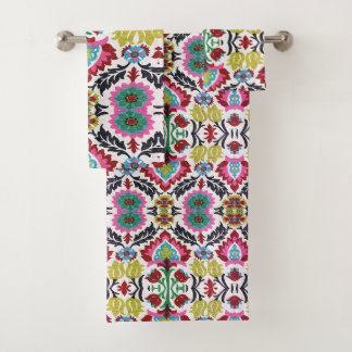Conjunto De Toalhas Padrão Floral Colorido e Geométrico Brilhante
