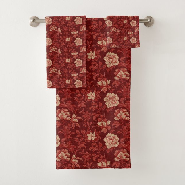 Conjunto De Toalhas Padrão Floral com Matizes Vermelhos Ricos (Insitu)