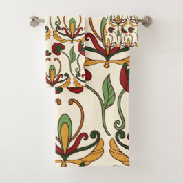 Conjunto De Toalhas Padrão floral contínuo com vermelho e amarelo