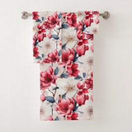 Conjunto De Toalhas Padrão Floral de Cereja Vermelha bonito
