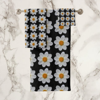 Conjunto De Toalhas Padrão Floral de Dahlia Branca em Preto