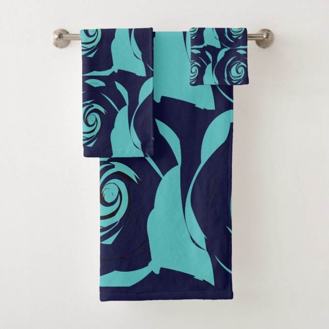 Conjunto De Toalhas Padrão Floral de Flor Rosa Azul-Marinho Azul (Insitu)