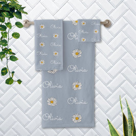 Conjunto De Toalhas Padrão Floral de Margarida Branca com Nome Persona
