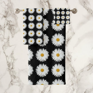 Conjunto De Toalhas Padrão Floral de Margarida Branca em Preto