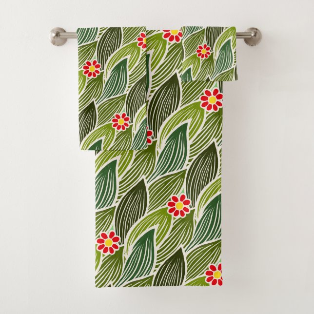 Conjunto De Toalhas Padrão Floral de Margarida Verde Vermelha-Cute Gro (Insitu)