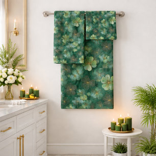 Conjunto De Toalhas Padrão Floral de Trevo Verde Esmeralda