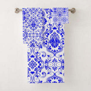 Conjunto De Toalhas Padrão Floral do Damasco Azul e Branco Elegante