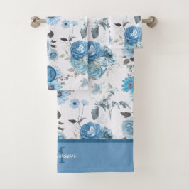 Conjunto De Toalhas Padrão Floral do Monograma de Borda Azul