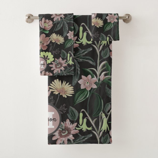Conjunto De Toalhas Padrão Floral do Monograma Personalizado a Preto-n (Insitu)