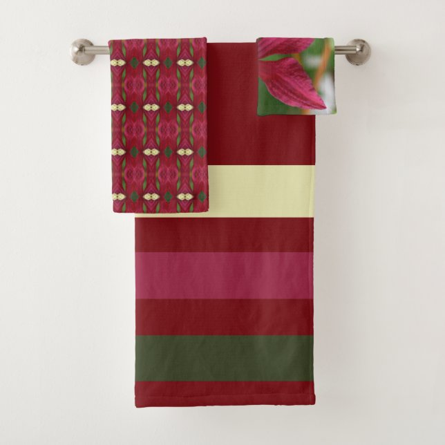 Conjunto De Toalhas Padrão Floral e Stripes com Borgonha (Insitu)