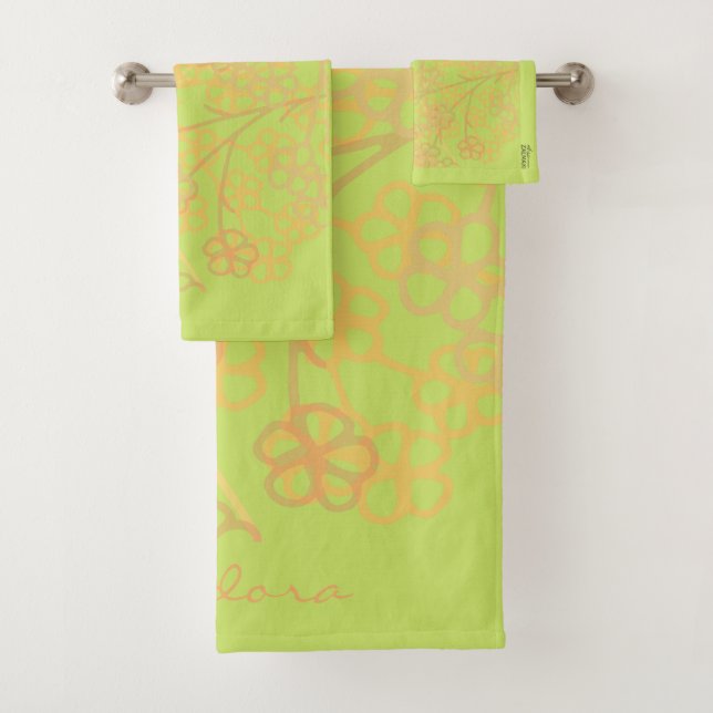 Conjunto De Toalhas Padrão Floral Elegante Dourado de Abstrato verde (Insitu)