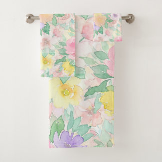 Conjunto De Toalhas Padrão Floral em Aquarela Pastel – Primavera Suave