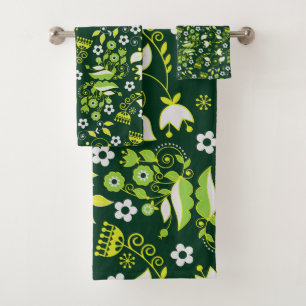Conjunto De Toalhas Padrão Floral Escandinavo Verde Moderno