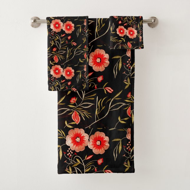 Conjunto De Toalhas Padrão Floral Escuro Fundo Rosa Verde Vermelho (Insitu)