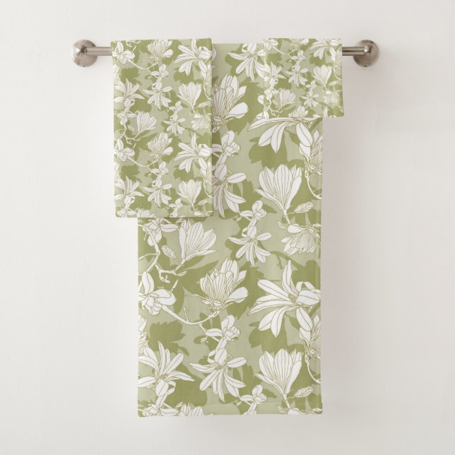 Conjunto De Toalhas Padrão Floral Flores Brancas em Fundo Verde (Insitu)