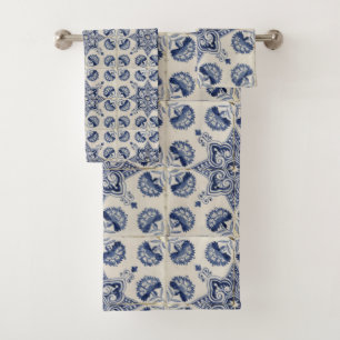 Conjunto De Toalhas Padrão Floral Geométrico Azul-Vintage Branco