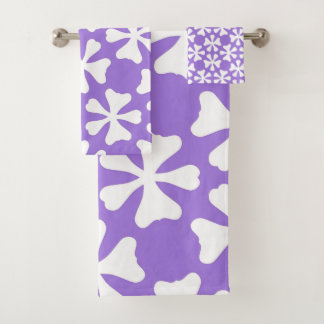 Conjunto De Toalhas Padrão Floral Geométrico Moderno Branco e Roxo