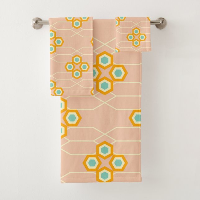 Conjunto De Toalhas Padrão floral hexagonal de fundo de pêssego (Insitu)