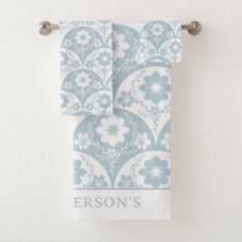 Conjunto De Toalhas Padrão Floral Japonês em Azul Suave e Branco