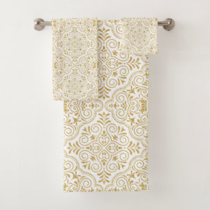 Conjunto De Toalhas Padrão floral marroquino Dourado e branco
