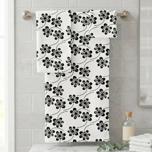 Conjunto De Toalhas Padrão Floral Minimalista Preto e Branco Moderno