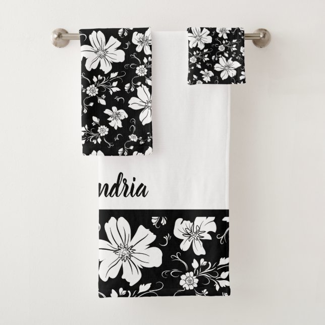 Conjunto De Toalhas padrão floral monocromático elegante branco preto (Insitu)