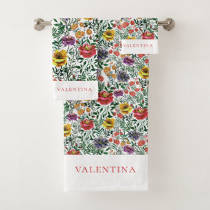 Conjunto De Toalhas Padrão Floral na moda cor-de-água rosa escuro