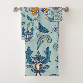 Conjunto De Toalhas Padrão floral ornamentado em fundo azul claro