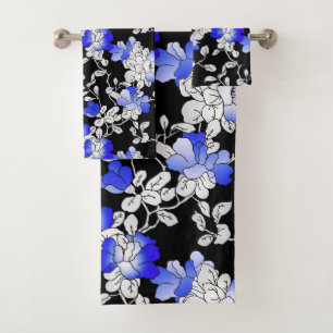 Conjunto De Toalhas Padrão Floral Preto Branco Azul Elegante