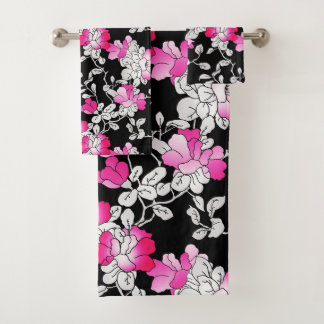 Conjunto De Toalhas Padrão Floral Preto Cor-de-Rosa Elegante Fuchsia